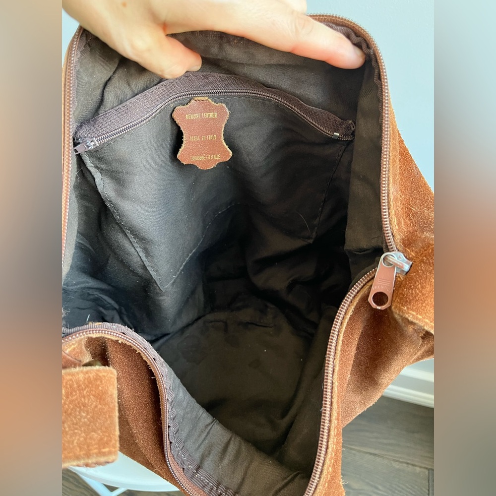 Italian Brown Suede Boho Crossbody Bag with Leopard Fur Accent - Picture 8 of 16